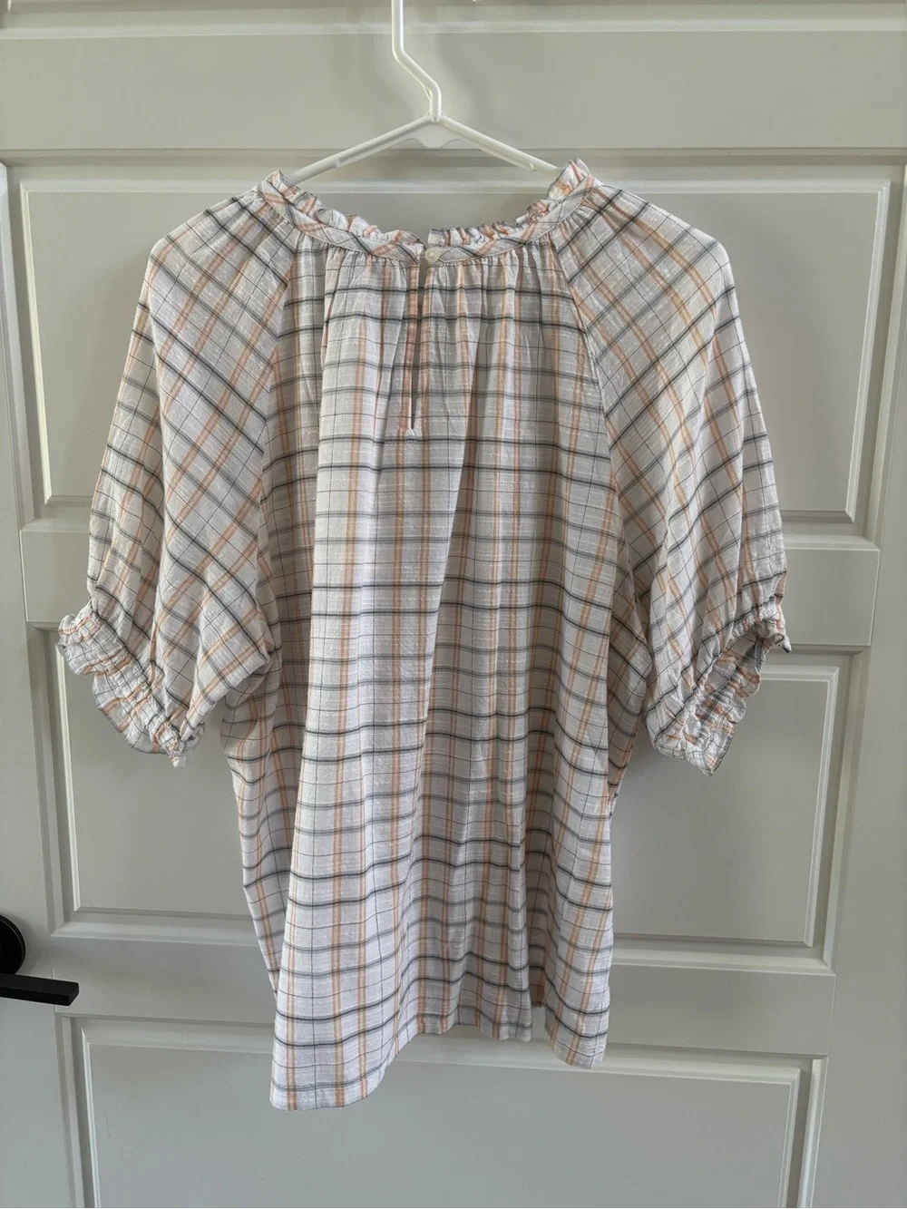 LOFT Plaid Ruffle Neck Peasant Blouse Size Large